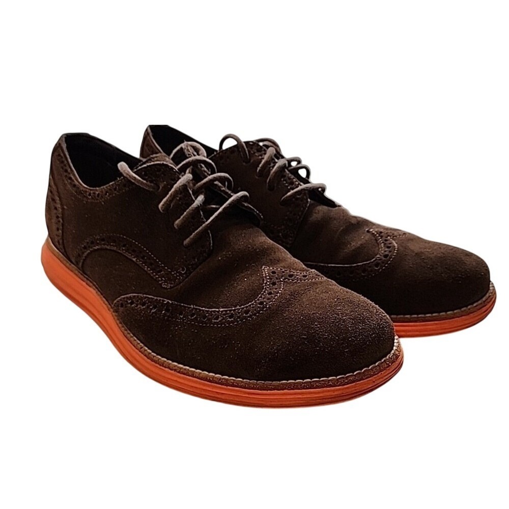 Cole Haan Shoes Mens 11 Lunargrand Wingtip Brown Suede Oxford Brogue Orange Sole